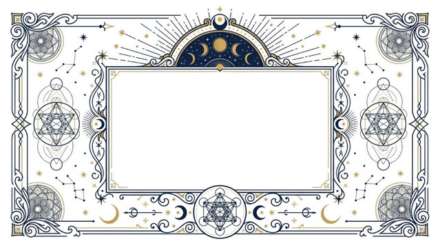 Elegant Celestial Frame Template with Moon Phases and Sacred Geometry Line Art