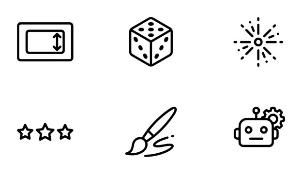 Minimalist Icon Set: Graphic Design Tools, Gaming Dice, Robot, Fireworks, Rating Stars, Image Size Adjustment Vector Graphics