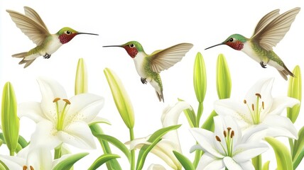 Fototapeta premium Three vibrant hummingbirds flying over beautiful white lily flowers illustration for nature themed artistic digital background.