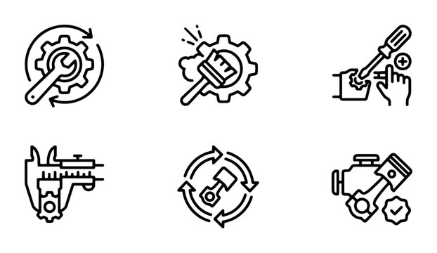 Mechanical Icons Set: Gear, Wrench, Screwdriver, Caliper, Piston, Engine, Repair, Maintenance, Tools, Engineering, Technical Symbols