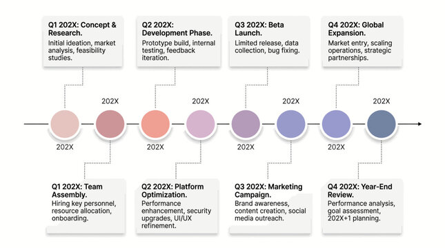 The infographic illustrates a company's marketing strategy timeline with key phases and milestones.