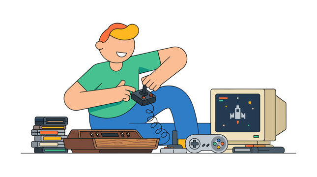 Cartoon Technician Repairing Computer And Tools.