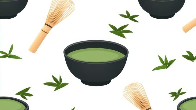 Seamless matcha tea pattern with bamboo whisks and green tea leaves for background.