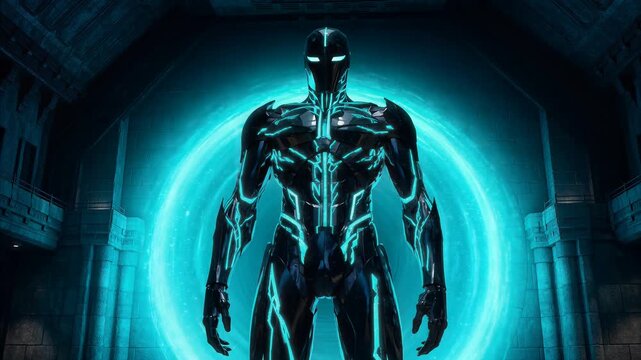 Futuristic AI guardian standing watch within a glowing blue digital portal