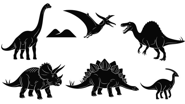 Collection of various prehistoric dinosaur silhouettes featuring brachiosaurus stegosaurus and triceratops roaming near mountain peaks.