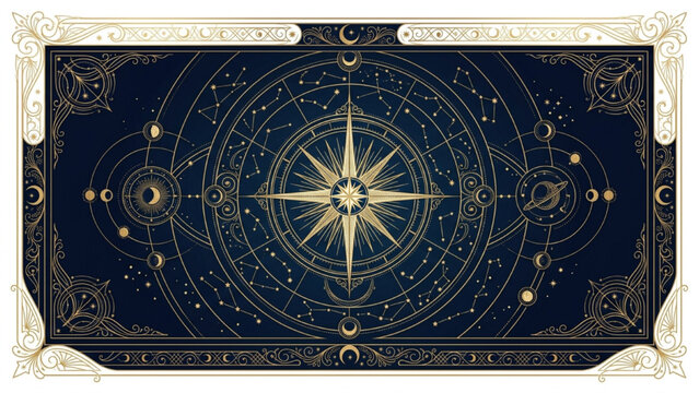Mystical Tarot Card Back Design with Star Compass Moon Phases and Ornate Frame Border