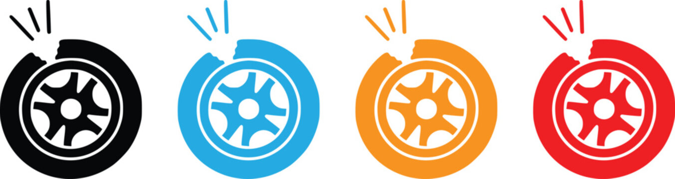 Flat tire broken car wheel vector icon set