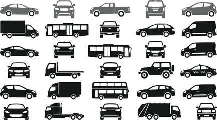  Car and truck silhouette vector icon set with black shapes of transport vehicles buses and sedan cars isolated on white background © Partho