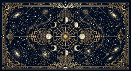 Obraz premium Ornate Sacred Geometry Tarot Card Back Design with Central Sun and Moon Cycle Phases