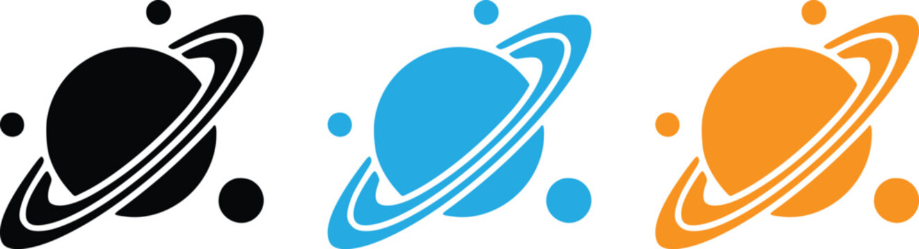 Planet saturn with rings and moons vector icon set