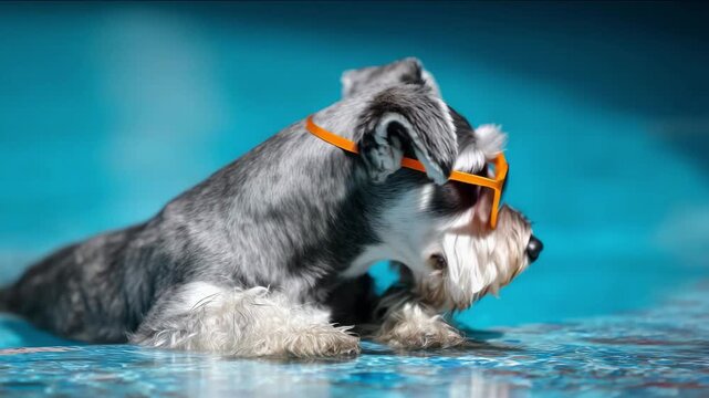 Happy dog in goggles enjoying a swim in a pool on a sunny summer day Keeping Pets Safe and CoolHappy dog in goggles enjoying a swim in a pool on a sunny summer day Keeping Pets Safe and Cool