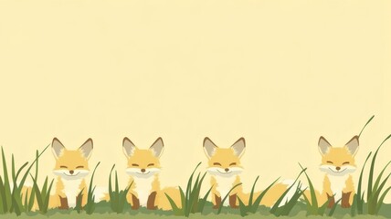 Naklejka premium Cute cartoon fox characters sitting together in green grass background for desktop wallpaper and minimalist graphic design projects.