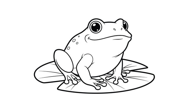 Cheerful line art drawing of a happy frog sitting comfortably on lily pads in a pond for coloring page or nature illustration on white.