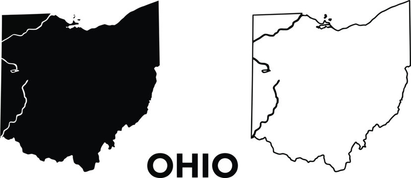  Ohio state map vector set with black silhouette shape and minimalist thin line outline isolated on white background flat illustration