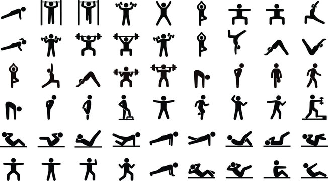  Fitness workout stick figure icon vector set with black silhouette shapes of people doing gym exercises isolated on white background