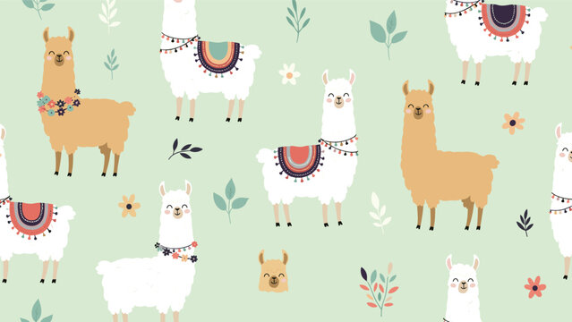 Charming seamless pattern of cute llamas wearing colorful blankets and flower crowns among green leaves on a soft mint green background.