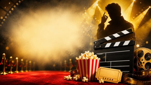 Movie Night with Popcorn, Clapperboard, and Red Carpet