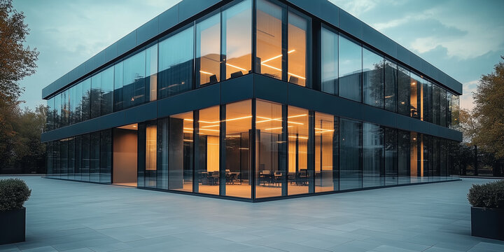 Modern office building with a glass facade in autumn cityscape. Business center in the city. Modern city architecture
