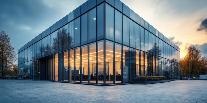 Modern Glass Office Building in city at sunset. Urban Design