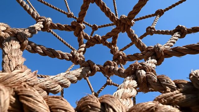 Low angle view of a brown rope climbing net against a clear blue sky