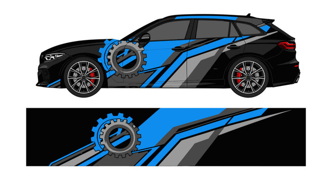 Blue mechanical gear themed car wrap for hatchback.