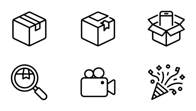 Delivery Box Icons, Shipping Package Symbols, Open Parcel, Search Magnifier, Video Camera, Confetti Popper, Vector Graphics for Logistics and Celebration