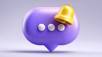 Fototapeta premium A stylized 3D illustration of a purple chat bubble with three white dots and a golden notification bell, symbolizing communication and alerts.