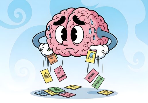 The brain cartoon character appears stressed and sweaty as it drops the memory cards, symbolizing forgetfulness or an overwhelmed memory.