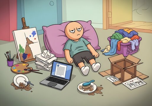 The cartoon character lies listlessly on the floor without motivation, surrounded by various neglected tasks such as laundry, dirty dishes, and laptop work.