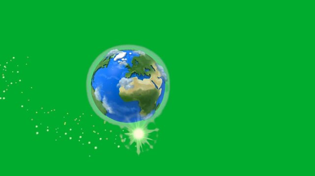 2d animation Planet Earth spinning in space next to a shiny bright star animation on green screen. Realistic global globe world map sphere rotation cosmos cartoon animation on green screen.