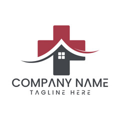 Fototapeta premium Medical home care logo design with a cross and house roof symbol