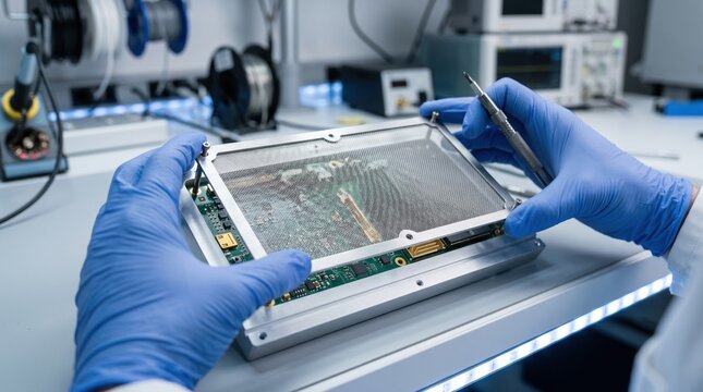 Technician assembling a secure hardware module with protective shielding in a laboratory environment