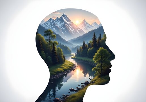 The silhouette of the head contains a landscape of rivers, forests and mountains at sunrise, symbolizing inner peace and a clear mind.