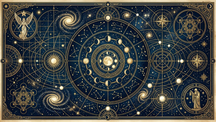 Obraz premium Vintage Astrological Chart Template with Angel Hermit Figures and Moon Phases