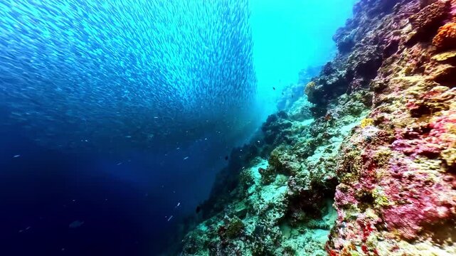 Huge bait ball of sardines swimming in unison along a coral reef in the tropical blue ocean