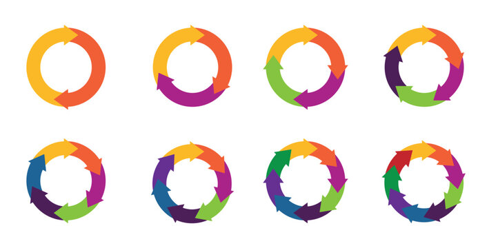 Colorful circle arrow charts. Multicolor spinning arrows, repeat circle and reload icon vector set. Circle arrows icon set. Business strategy workflow process infographic elements, circular diagrams.