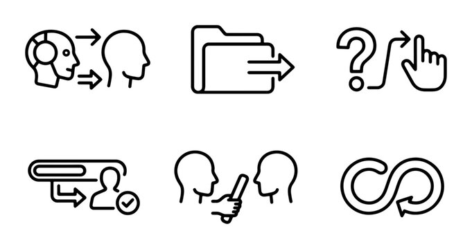 Process Icons Set: Data Transfer, Workflow, Question, Decision, Collaboration, Infinity Loop, Vector Graphics for Business and Technology
