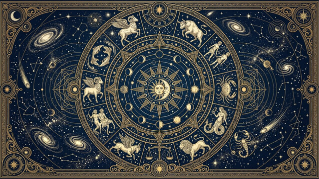 Vintage Astrological Chart Vector Background with Sun Moon Wheels and Zodiac Constellation Art
