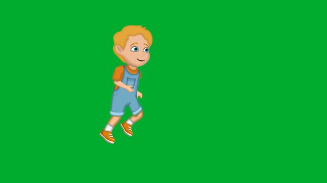 2d animation Boy running fast with a backpack in full length side view profile animation on green screen. Energetic active school kid cartoon character rushing forward quickly or sprinting animation