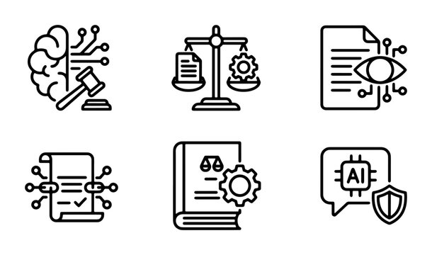 AI Law and Ethics Icons: Legal Technology, Digital Justice, and Smart Contract Concepts, Vector Set