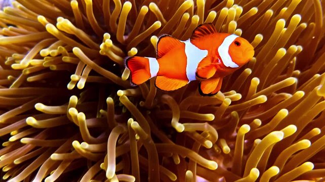 Vibrant clownfish, amphiprion ocellaris, swimming in its host sea anemone on the ocean floor