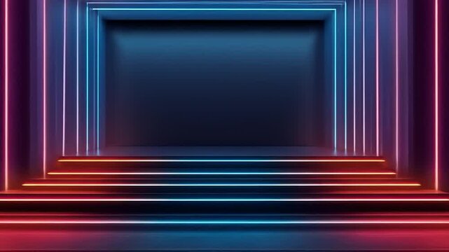 A neon-lit tunnel with layered rectangles and a dark void, gradients of colors