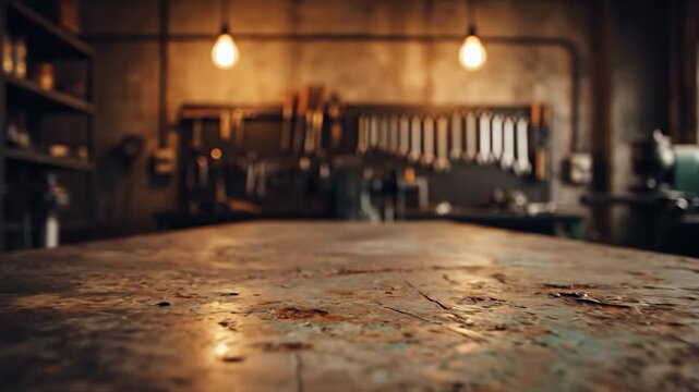 Low angle view of an old rustic metal workbench in a blurred industrial workshop with warm lighting