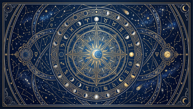 Luxury Celestial Star Compass Design with Concentric Moon Phase Wheels and Esoteric Line Art