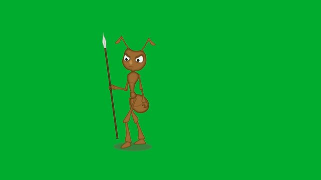 2d animation Ant soldier standing firmly while holding a sharp metal spear weapon animation on green screen. Guard brown insect bug warrior cartoon character posing aggressively in full length