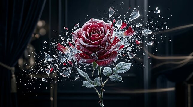 Red rose surrounded by shattered glass fragments