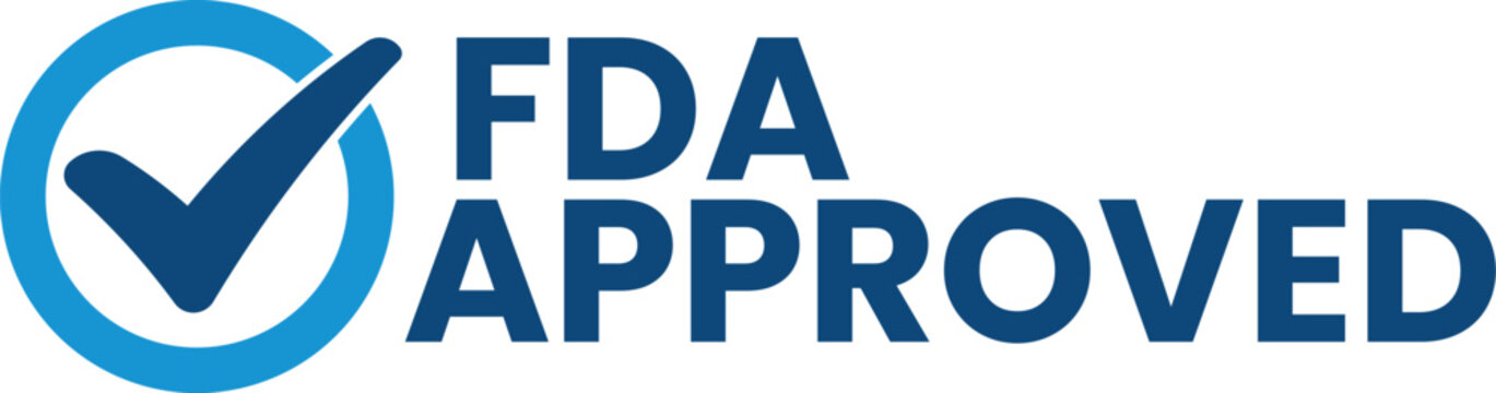 Blue and white FDA approved vector sign with a circular check mark icon for medical device food and pharmaceutical certification packaging labels isolated on a plain clean background