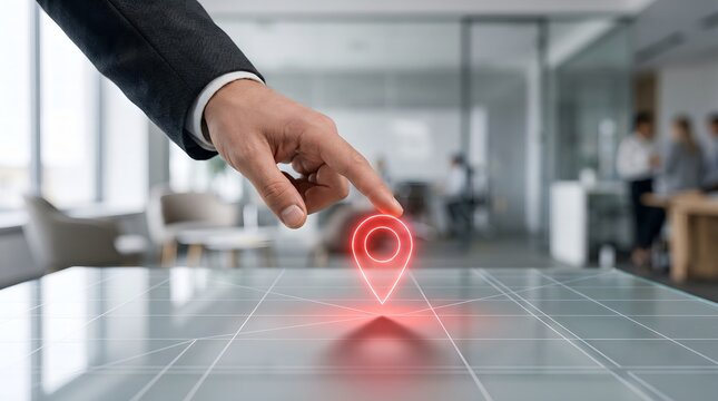 Businessman touching location pin on interactive map in modern office