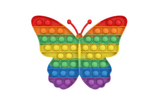Rainbow colored butterfly shaped pop it fidget toy for sensory play and stress relief for children and adults in a modern playful style isolated on a transparent background