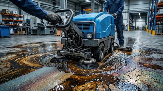 Industrial worker cleaning a hazardous oil spill on a warehouse floor using a heavy-duty floor scrubber machine